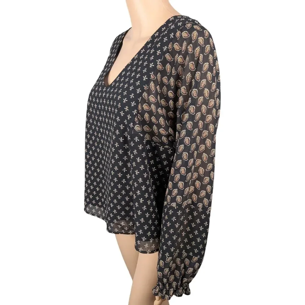 Madewell Sheer Sleeve Top Brushstroke Paisley V-Neck Puff Sleeve Black L